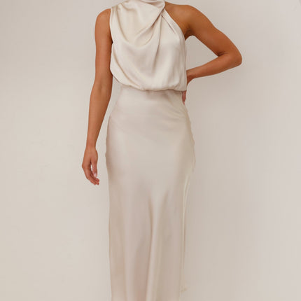 Elegant Esther Maxi Dress | High Neck Drape | Asymmetrical Shoulder | Champagne | Wedding Festivities | Invisible Zipper & Button | Elasticated Waist | 100% Polyester