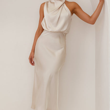 Elegant Esther Maxi Dress | High Neck Drape | Asymmetrical Shoulder | Champagne | Wedding Festivities | Invisible Zipper & Button | Elasticated Waist | 100% Polyester