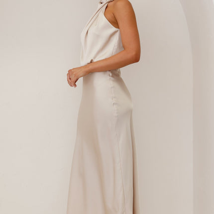 Elegant Esther Maxi Dress | High Neck Drape | Asymmetrical Shoulder | Champagne | Wedding Festivities | Invisible Zipper & Button | Elasticated Waist | 100% Polyester