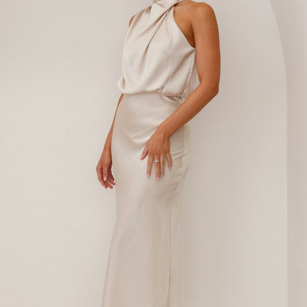 Elegant Esther Maxi Dress | High Neck Drape | Asymmetrical Shoulder | Champagne | Wedding Festivities | Invisible Zipper & Button | Elasticated Waist | 100% Polyester