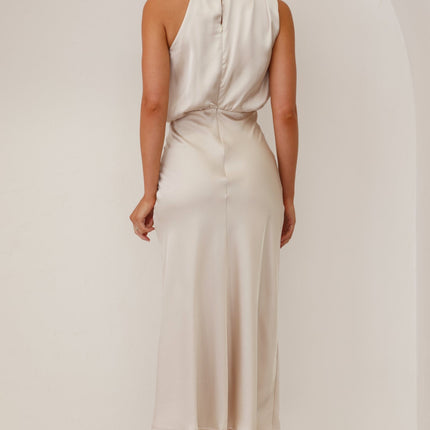 Elegant Esther Maxi Dress | High Neck Drape | Asymmetrical Shoulder | Champagne | Wedding Festivities | Invisible Zipper & Button | Elasticated Waist | 100% Polyester