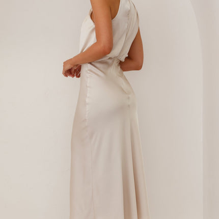 Elegant Esther Maxi Dress | High Neck Drape | Asymmetrical Shoulder | Champagne | Wedding Festivities | Invisible Zipper & Button | Elasticated Waist | 100% Polyester