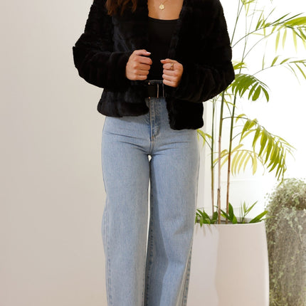 Luxe Women's Soft Faux Fur Crop Jacket | Veloura | Chic Cropped Design | Line Patterns | Metal Claw Clasp | Warm & Stylish | Versatile Outerwear | 100% Polyester | Available in XS - XL