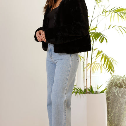 Luxe Women's Soft Faux Fur Crop Jacket | Veloura | Chic Cropped Design | Line Patterns | Metal Claw Clasp | Warm & Stylish | Versatile Outerwear | 100% Polyester | Available in XS - XL