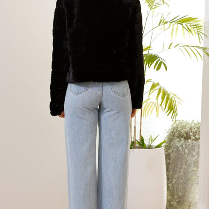 Luxe Women's Soft Faux Fur Crop Jacket | Veloura | Chic Cropped Design | Line Patterns | Metal Claw Clasp | Warm & Stylish | Versatile Outerwear | 100% Polyester | Available in XS - XL