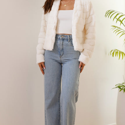 Luxe Women's Soft Faux Fur Crop Jacket | Veloura | Chic Cropped Design | Line Patterns | Metal Claw Clasp | Warm & Stylish | Versatile Outerwear | 100% Polyester | Available in XS - XL