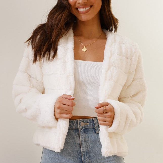 Luxe Women's Soft Faux Fur Crop Jacket | Veloura | Chic Cropped Design | Line Patterns | Metal Claw Clasp | Warm & Stylish | Versatile Outerwear | 100% Polyester | Available in XS - XL