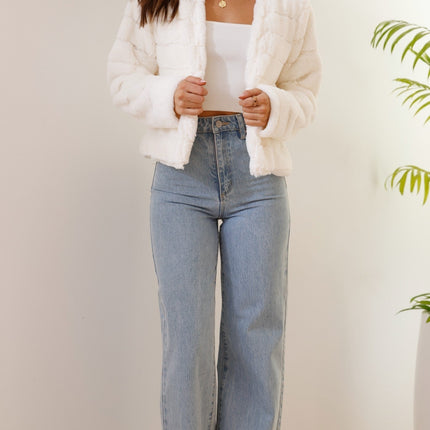 Luxe Women's Soft Faux Fur Crop Jacket | Veloura | Chic Cropped Design | Line Patterns | Metal Claw Clasp | Warm & Stylish | Versatile Outerwear | 100% Polyester | Available in XS - XL