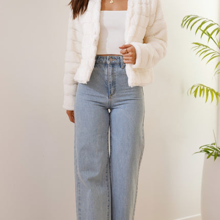 Luxe Women's Soft Faux Fur Crop Jacket | Veloura | Chic Cropped Design | Line Patterns | Metal Claw Clasp | Warm & Stylish | Versatile Outerwear | 100% Polyester | Available in XS - XL