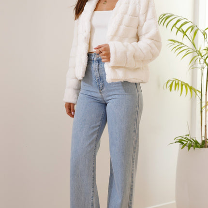 Luxe Women's Soft Faux Fur Crop Jacket | Veloura | Chic Cropped Design | Line Patterns | Metal Claw Clasp | Warm & Stylish | Versatile Outerwear | 100% Polyester | Available in XS - XL