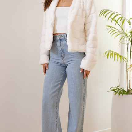 Luxe Women's Soft Faux Fur Crop Jacket | Veloura | Chic Cropped Design | Line Patterns | Metal Claw Clasp | Warm & Stylish | Versatile Outerwear | 100% Polyester | Available in XS - XL
