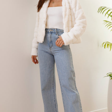 Luxe Women's Soft Faux Fur Crop Jacket | Veloura | Chic Cropped Design | Line Patterns | Metal Claw Clasp | Warm & Stylish | Versatile Outerwear | 100% Polyester | Available in XS - XL