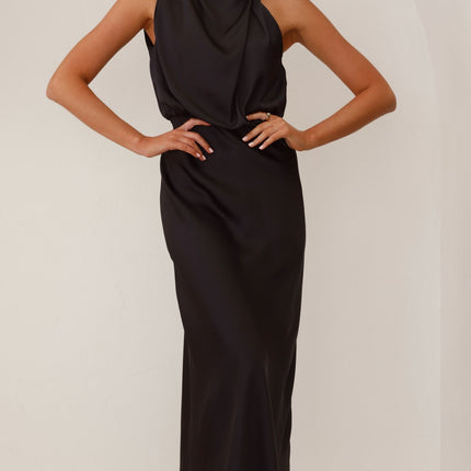 Esther Black Dress | Elegant Maxi | High Neck | Asymmetrical Shoulder | Elastic Waist | Polyester | Wedding Festive Fashion | Invisible Zipper & Button Closure | Versatile Evening Wear
