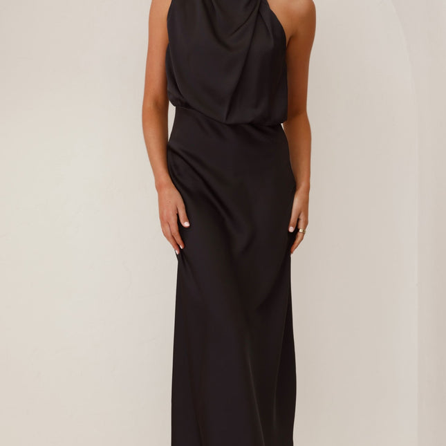 Esther Black Dress | Elegant Maxi | High Neck | Asymmetrical Shoulder | Elastic Waist | Polyester | Wedding Festive Fashion | Invisible Zipper & Button Closure | Versatile Evening Wear