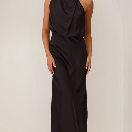 Esther Black Dress | Elegant Maxi | High Neck | Asymmetrical Shoulder | Elastic Waist | Polyester | Wedding Festive Fashion | Invisible Zipper & Button Closure | Versatile Evening Wear