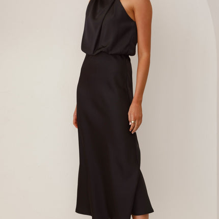 Esther Black Dress | Elegant Maxi | High Neck | Asymmetrical Shoulder | Elastic Waist | Polyester | Wedding Festive Fashion | Invisible Zipper & Button Closure | Versatile Evening Wear