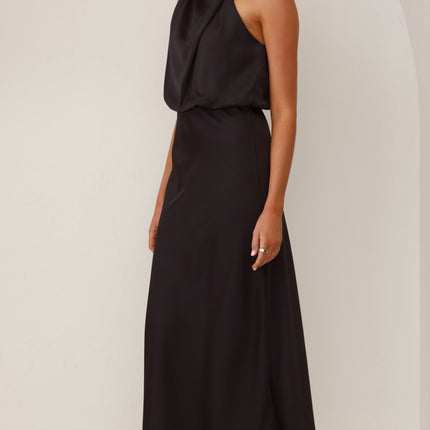 Esther Black Dress | Elegant Maxi | High Neck | Asymmetrical Shoulder | Elastic Waist | Polyester | Wedding Festive Fashion | Invisible Zipper & Button Closure | Versatile Evening Wear