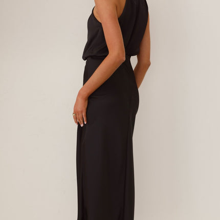 Esther Black Dress | Elegant Maxi | High Neck | Asymmetrical Shoulder | Elastic Waist | Polyester | Wedding Festive Fashion | Invisible Zipper & Button Closure | Versatile Evening Wear