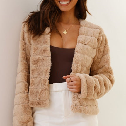 Luxe Women's Soft Faux Fur Crop Jacket | Veloura | Chic Cropped Design | Line Patterns | Metal Claw Clasp | Warm & Stylish | Versatile Outerwear | 100% Polyester | Available in XS - XL