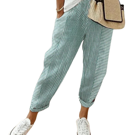 Striped Women's Trousers | High Waist Adjustable Drawstring | Contemporary Look | Functional Side Pockets | Classic Fit for Various Body Types | Size Chart Available