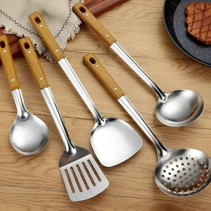Wood-Grip Stainless Steel Cooking Utensil Set | 5 Sets | Premium Bakelite Handles | Heat-Resistant | Easy-to-Clean | Elegant Design | Includes Hanging Holes | Durable & Stylish | Home & Kitchen Essentials