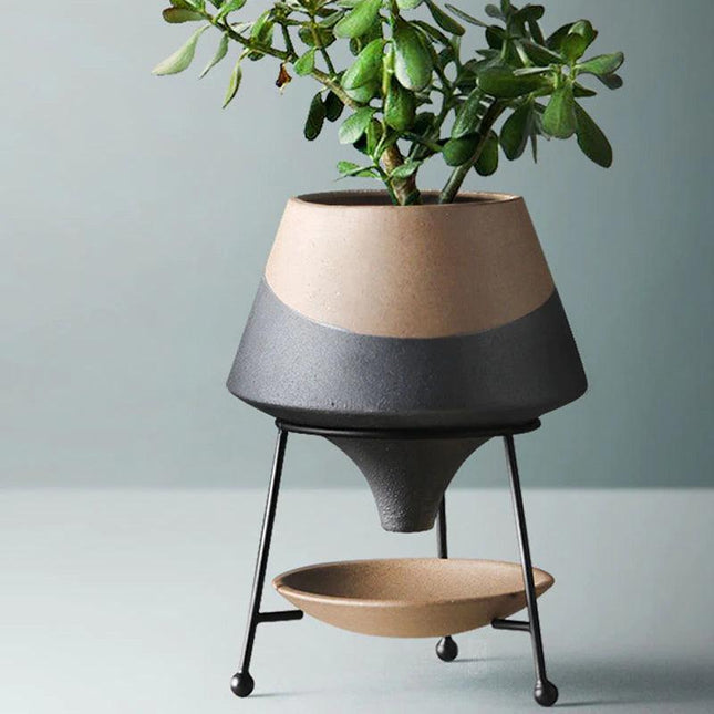 Glazed Terracotta Teardrop Planter with Metal Stand | Indoor Pot with Saucer | 12" H, 9" Diameter | Modern Drainage Hole Design