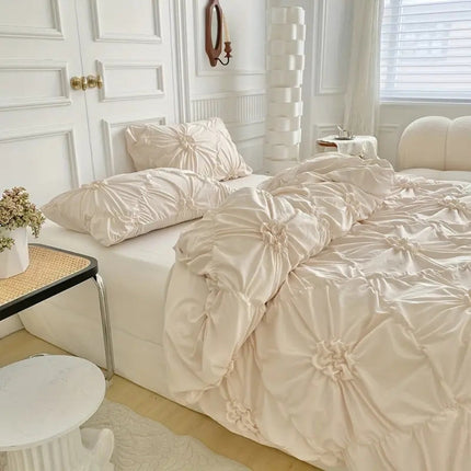 Elegant Ruffle Flower Quilt Cover Set | Cotton Polyester Blend | Pinch Pleated Design | Includes Quilt Cover and Pillowcases | Zipper Closure with Corner Ties | Machine Washable | Available in White, Black, Beige
