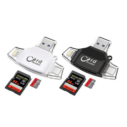 4-in-1 Universal Memory Card Reader | USB/USB C/Micro USB/Lightning Ports | SD TF Card Compatibility | Supports Up to 400GB | Compact Design with Keychain