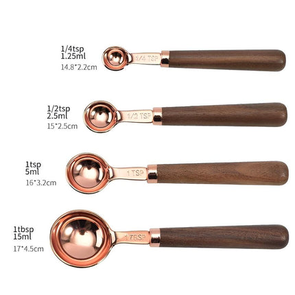 Copper-Plated Stainless Steel Measuring Cups and Spoons Set | Walnut Handle | Engraved Markings | Non-Slip Grip | Perfect for Baking and Cooking | Set of 8 | Ideal as Gift for Kitchen Enthusiasts