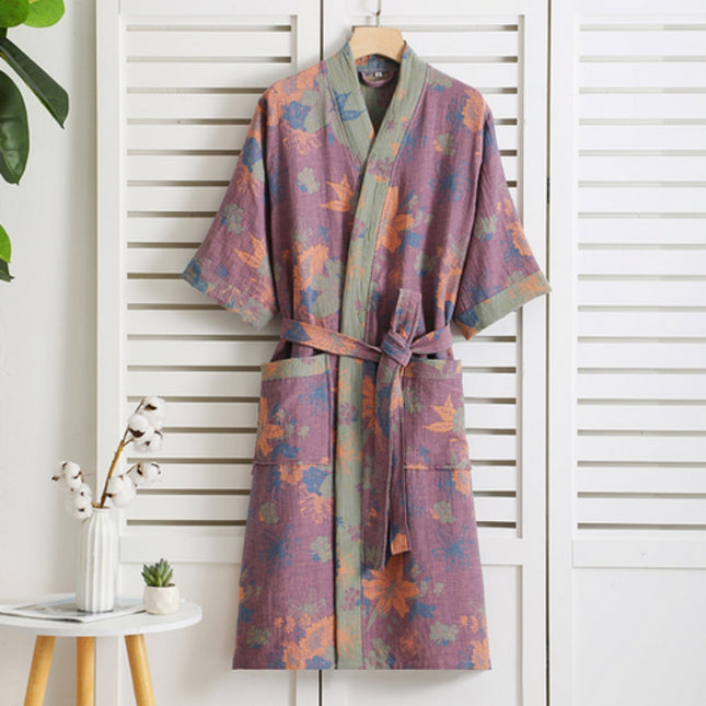 Pure Cotton Retro Print Bathrobe | Double Gauze Layer | Breathable & Stylish | Soft Lightweight Summer Wear