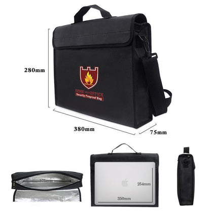 Fire-Resistant Document Folder | Silicone Coated Fiberglass | Double-Layered Closure | 15-Inch Opening | Water-Repellent | Adjustable Strap | Black | 38x28x7.5cm | Protects Up to 2000°F