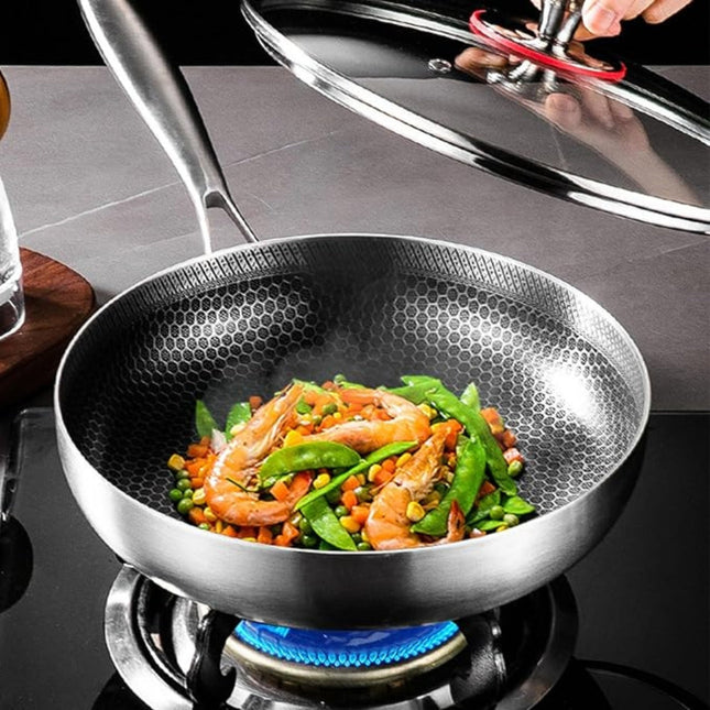 Stainless Steel Titan Pan | Food-Grade 304 | Three-Layer Design | Non-Stick Surface | Ergonomic Stay-Cool Handle | Brushed Finish | Compatible with All Stovetops | Dishwasher Safe | Tempered Glass Lid Included