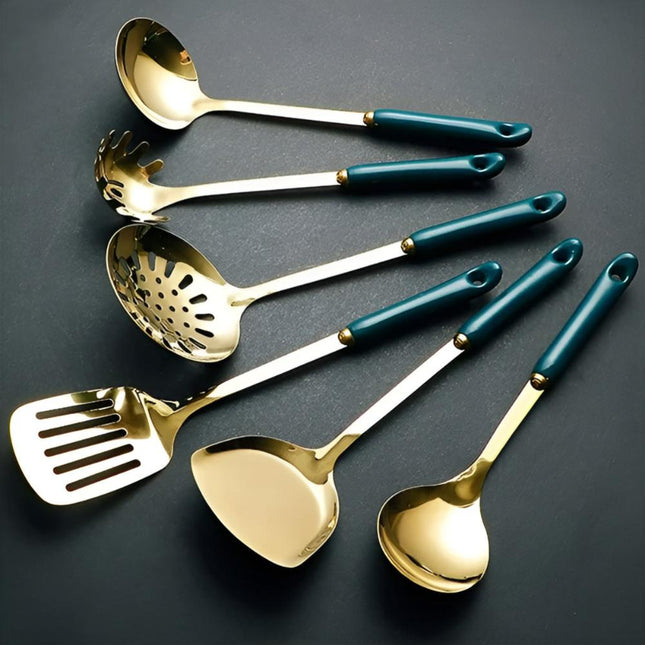 Golden Stainless Steel Cooking Utensil Set | Ergonomic Rust-Resistant Kitchen Tools | Includes Spatula, Frying Spatula, Cooking Spoon, Colander, Noodle Server, Scraping Spoon, Storage Rack | Dishwasher Safe