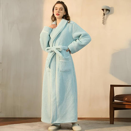Luxurious Sherpa Fleece Bathrobe | Unisex Shawl Collar Robe with Pockets | Cozy Coral Flannel Fabric for Year-Round Comfort | Soft Lightweight Design | Perfect Gift | Machine Washable