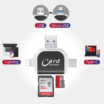 4-in-1 Universal Memory Card Reader | USB/USB C/Micro USB/Lightning Ports | SD TF Card Compatibility | Supports Up to 400GB | Compact Design with Keychain