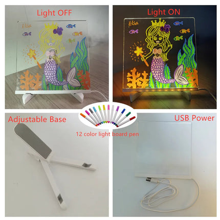 Interactive LED Light Drawing Set | USB Rechargeable | Erasable Art Surface | Creative Night Lamp | Includes 7 Pens | Child-Safe | Eco-Friendly Design