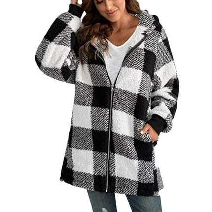 HAZEL | Women's Hooded Winter Jacket | Bold Patchwork Design | Zip-Up Front | Large Hood | Cozy Relaxed Fit | Plaid or Striped Pattern | Side Pockets | Warm Outerwear