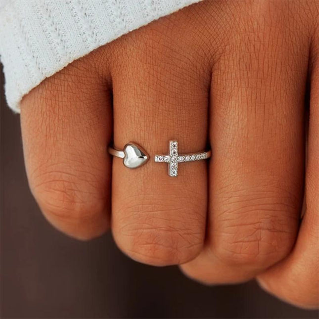 Unique Design S925 Sterling Silver Cross Heart Ring | Adjustable | Nickel and Lead-Free | White Gold Plated | Versatile Jewelry Gift for Loved Ones