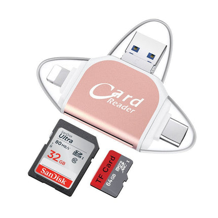 4-in-1 Universal Memory Card Reader | USB/USB C/Micro USB/Lightning Ports | SD TF Card Compatibility | Supports Up to 400GB | Compact Design with Keychain