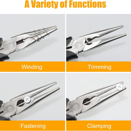 Long Needle Nose Pliers | 8” & 6” Precision Tools | Carbon Steel | TPR Handle | Force-Saving Spring | Sharp Blade | Non-Slip Grip | Strong Cutting Force | Easy Use in Tight Spaces | Heavy-Duty Pliers