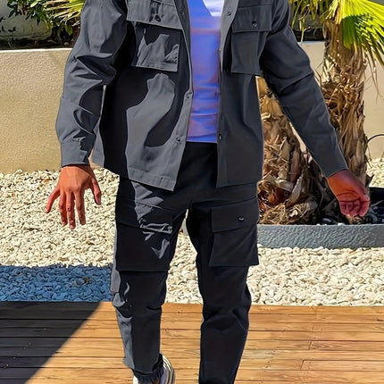 Heren Casual Twee-delige Set, Basic Stijl, Beige Werkjas En Joggingbroek Combo Met Meerdere Zakken, Comfortabele Pasvorm, Voor Lente Herfst Winter - Visconte