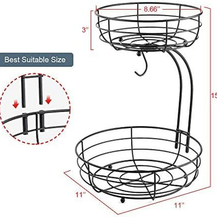 Iron 2-Tier Kitchen Fruit Vegetable Organizer with Banana Hanger | Raised Feet Stability | Easy Assembly | Classic Ferric Art Design