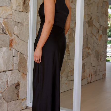 Victoria | Elegant One Shoulder Black Maxi Dress | Gathered Waist | Knee High Front Split | Lined Polyester | Invisible Side Zipper | Fashionable and Comfortable Style