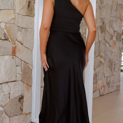 Victoria | Elegant One Shoulder Black Maxi Dress | Gathered Waist | Knee High Front Split | Lined Polyester | Invisible Side Zipper | Fashionable and Comfortable Style