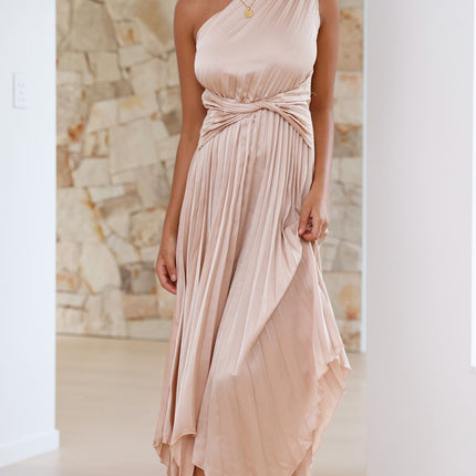 Cali Midi Dress | One Shoulder | Twisted Waist | Pleated Asymmetrical Skirt | Champagne | Elastic Waist | Unlined Polyester | Special Occasion Attire | Party Wedding Baby Shower | Bump Friendly