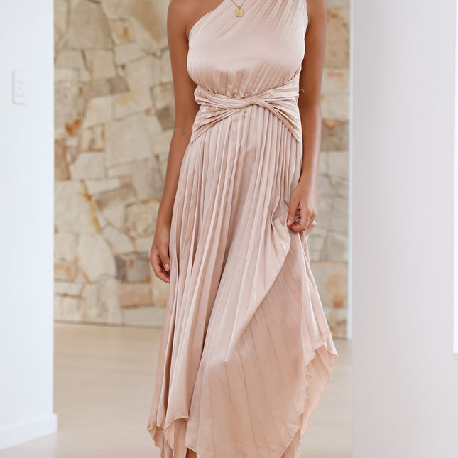 Cali Midi Dress | One Shoulder | Twisted Waist | Pleated Asymmetrical Skirt | Champagne | Elastic Waist | Unlined Polyester | Special Occasion Attire | Party Wedding Baby Shower | Bump Friendly