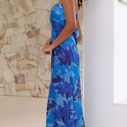 Strapless Maxi Dress | Miya | Blue Floral | Folded Bust Detail | Open Back with Elastic Strap | Scooped Cowl Finish | Silky Feel | Formal Events | Polyester | Invisible Side Zip | Elegant Design