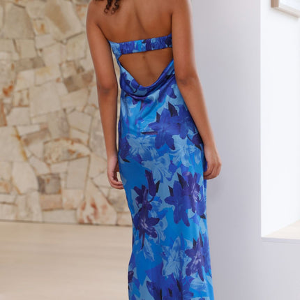 Strapless Maxi Dress | Miya | Blue Floral | Folded Bust Detail | Open Back with Elastic Strap | Scooped Cowl Finish | Silky Feel | Formal Events | Polyester | Invisible Side Zip | Elegant Design