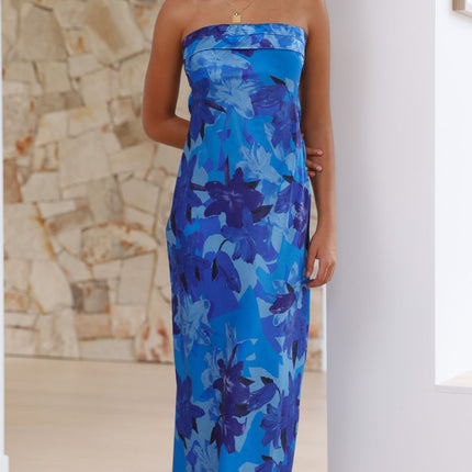 Strapless Maxi Dress | Miya | Blue Floral | Folded Bust Detail | Open Back with Elastic Strap | Scooped Cowl Finish | Silky Feel | Formal Events | Polyester | Invisible Side Zip | Elegant Design