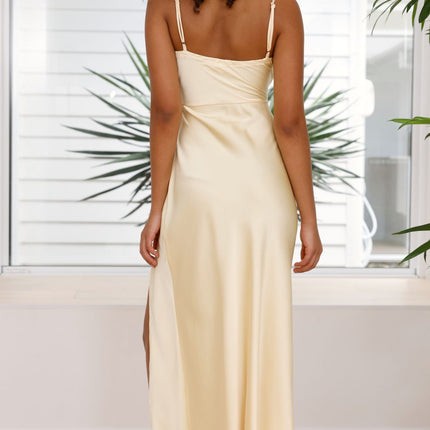 Ilana Elegant Yellow Maxi | Square Neckline | Adjustable Straps | Pleat Detail | Side Leg Split | Hidden Zip | Lined Bust | Polyester